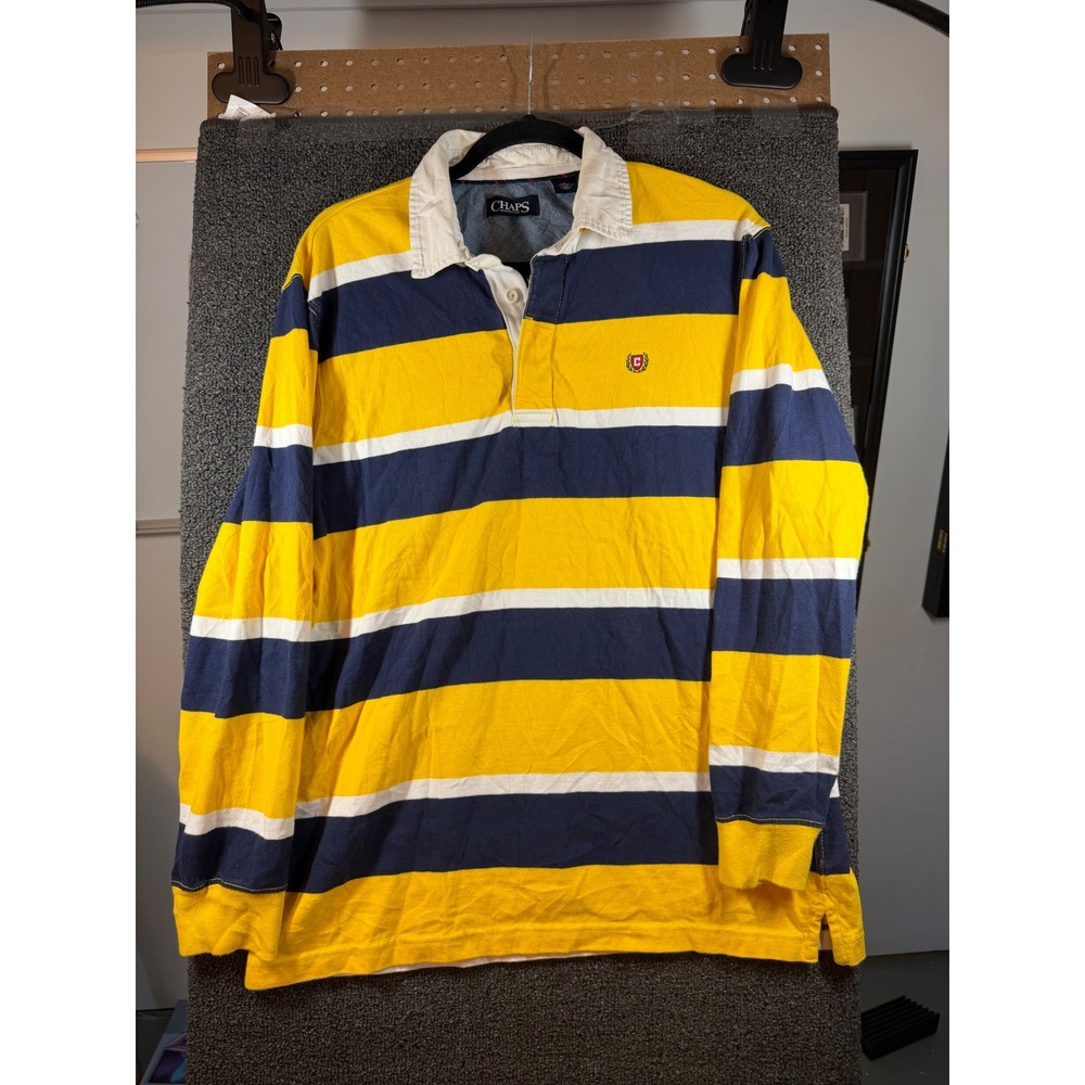 Chaps Rugby Shirt Mens Medium Yellow Navy Blue Striped Long Sleeve Crest Logo